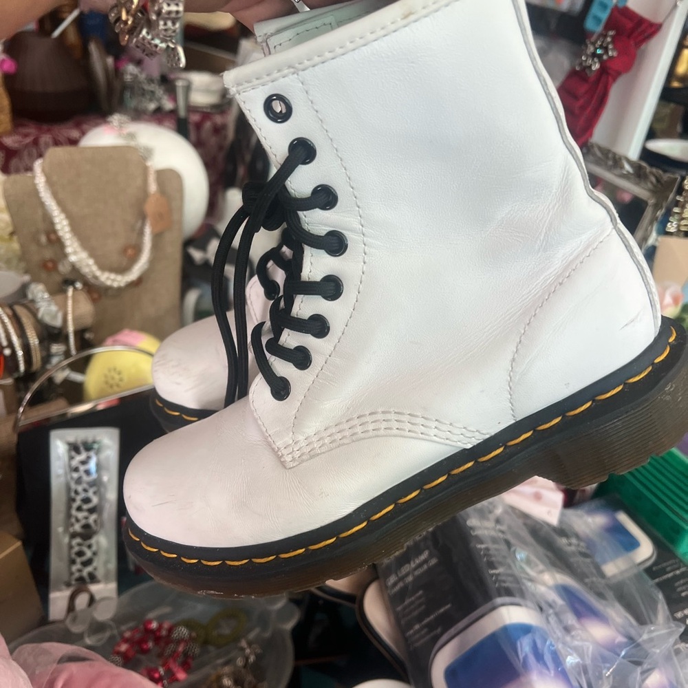 Dr. Martens White Leather Combat Boots with Black Laces